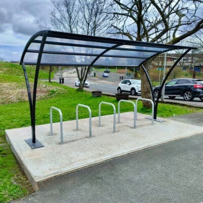 cycle shelter outside with sheffield stands installed