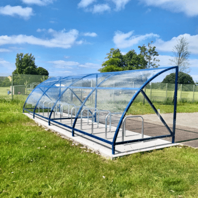 RAL Blue 20 Space Original Cycle Shelter outside with Sheffield Stands