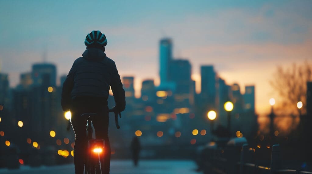A cyclist wearing a helmet rides along a dimly lit path in the early evening. The city's skyline is visible in the background, illuminated against the dusk sky. Streetlights line the path, and another person can be seen walking in the distance.