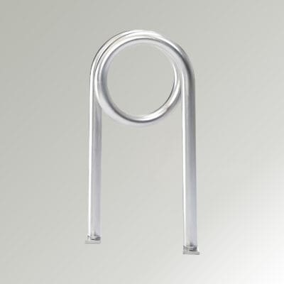 Safety Pin Cycle Stand in stainless steel in front of a gradient grey background