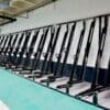 black galvanised steel semi vertical cycle racks stored indoors