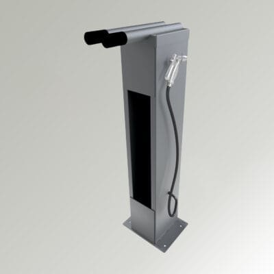 Grey coloured render of the bike wash station on a gradient background