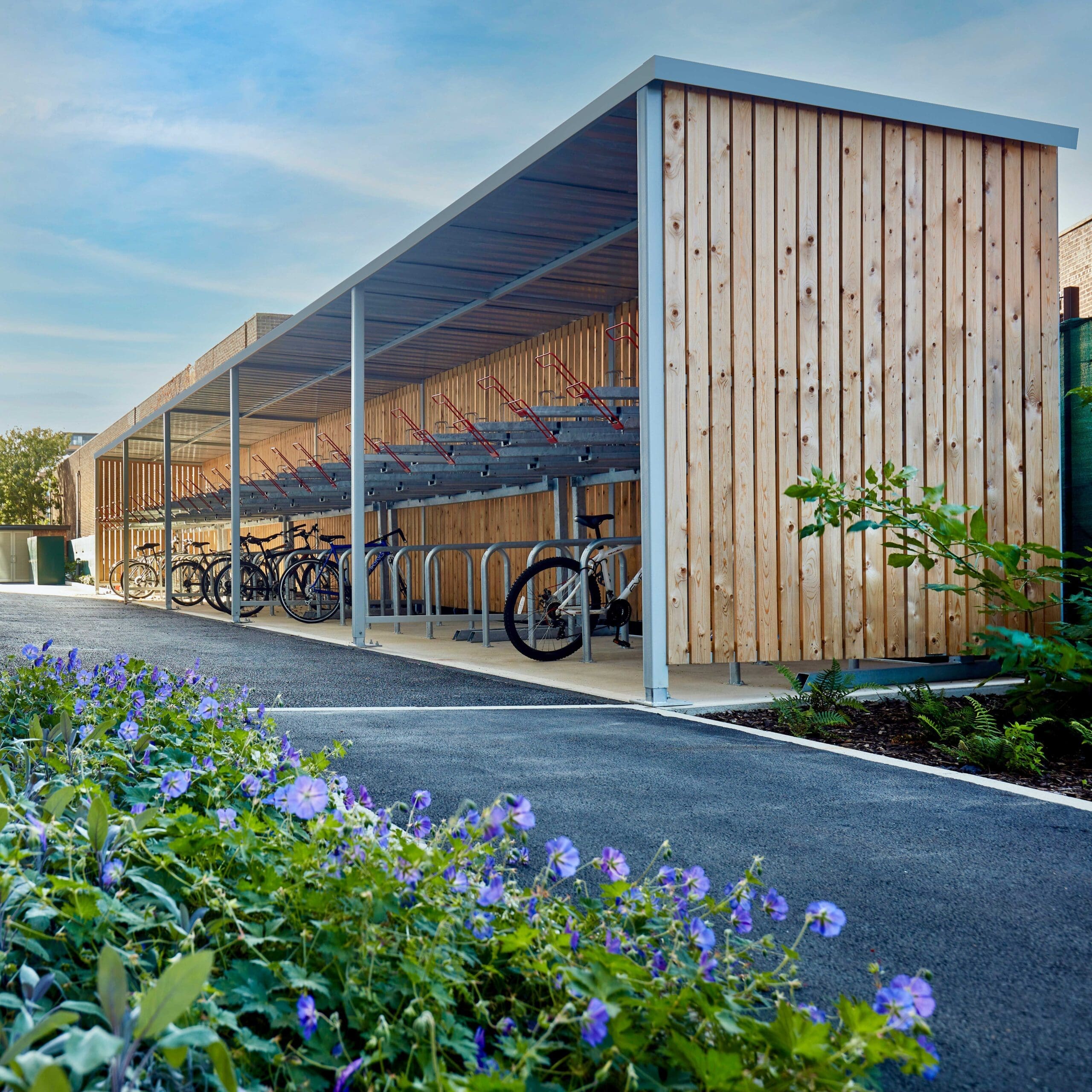 A bicycle rack with a wooden structure.