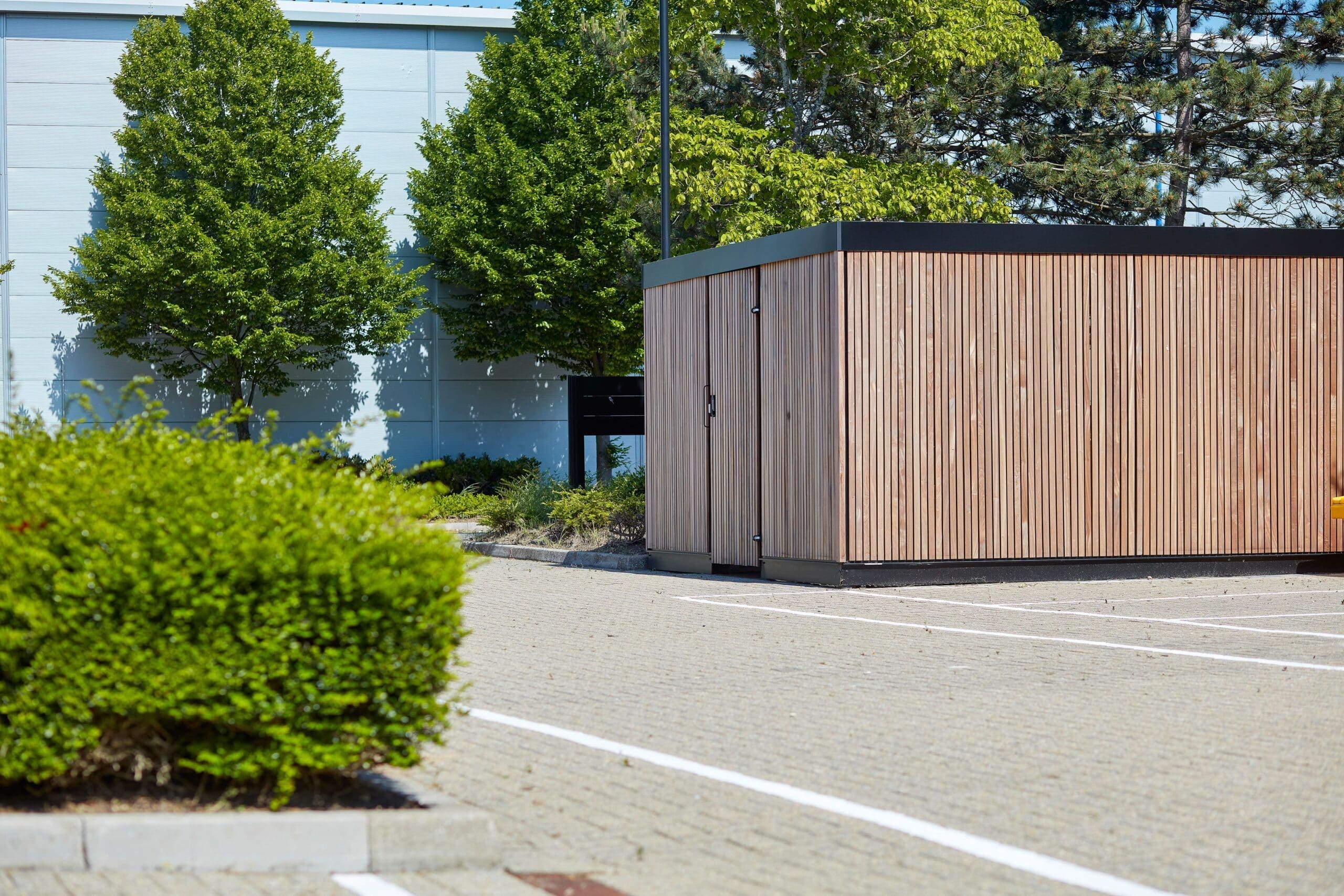 Premium Amazon Cycle Enclosure installed in a carpark outside a commercial property