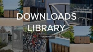 banner image for our product download library blog post, that has several images of bike storage in tiles with a text overlay displaying "downloads library" explore now