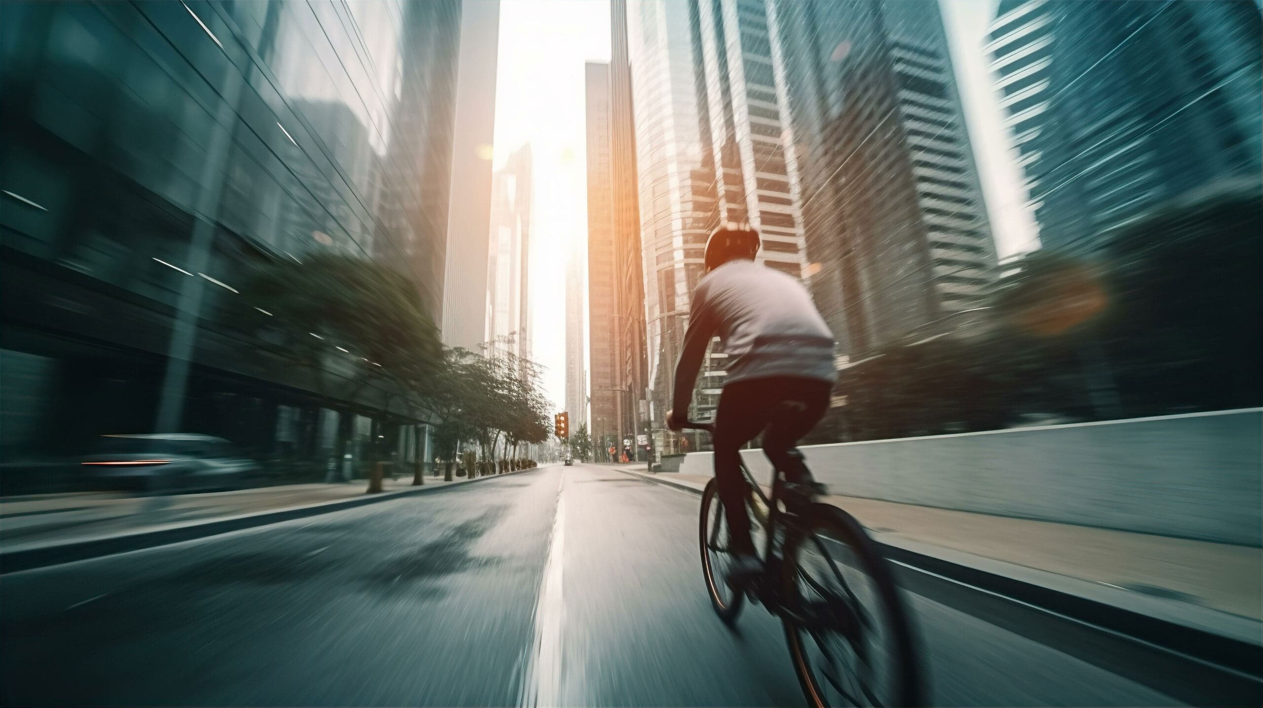 A person rides a bicycle down an empty, wet street lined with tall skyscrapers. The image has a motion blur effect, highlighting the speed of the cyclist. Sunlight filters through the buildings, creating a dynamic and vibrant urban scene.