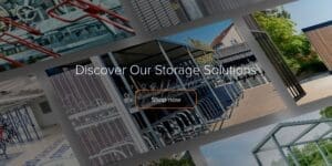 Several different product shots of bike shelters, racks and other storage solutions with a call to action and button to discover our full product range displayed in the healthy post blog post