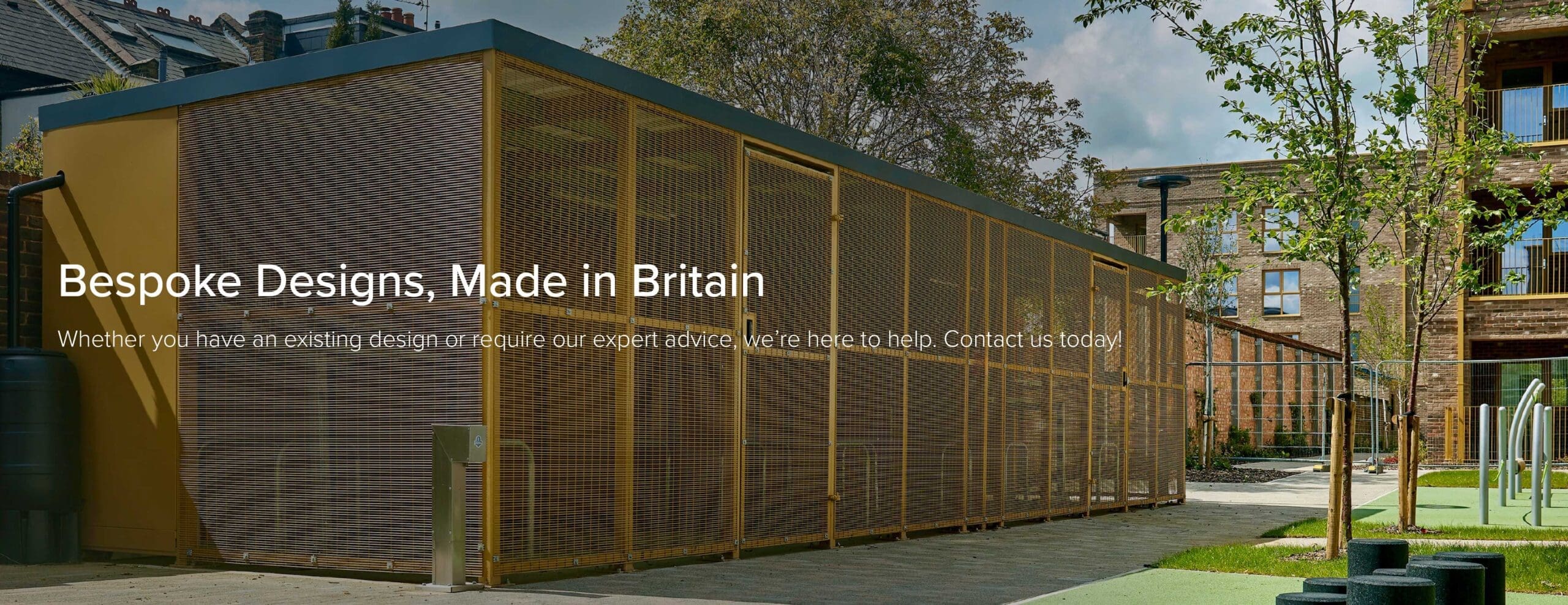 Web banner with a bespoke yellow locker installed and words "Bespoke Design, Made in Britain" overlayed