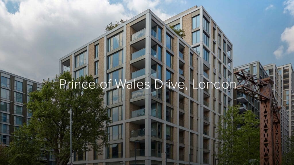 Prince of Wales Drive apartment block in Battersea, London with trees surrounding the building and the words "Prince of Wales Drive, London" overlayed 