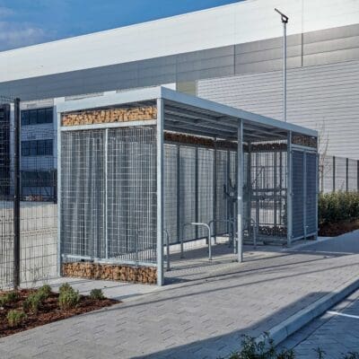 Close up of the Habitat Panel Shelter installed externally in a commercial setting
