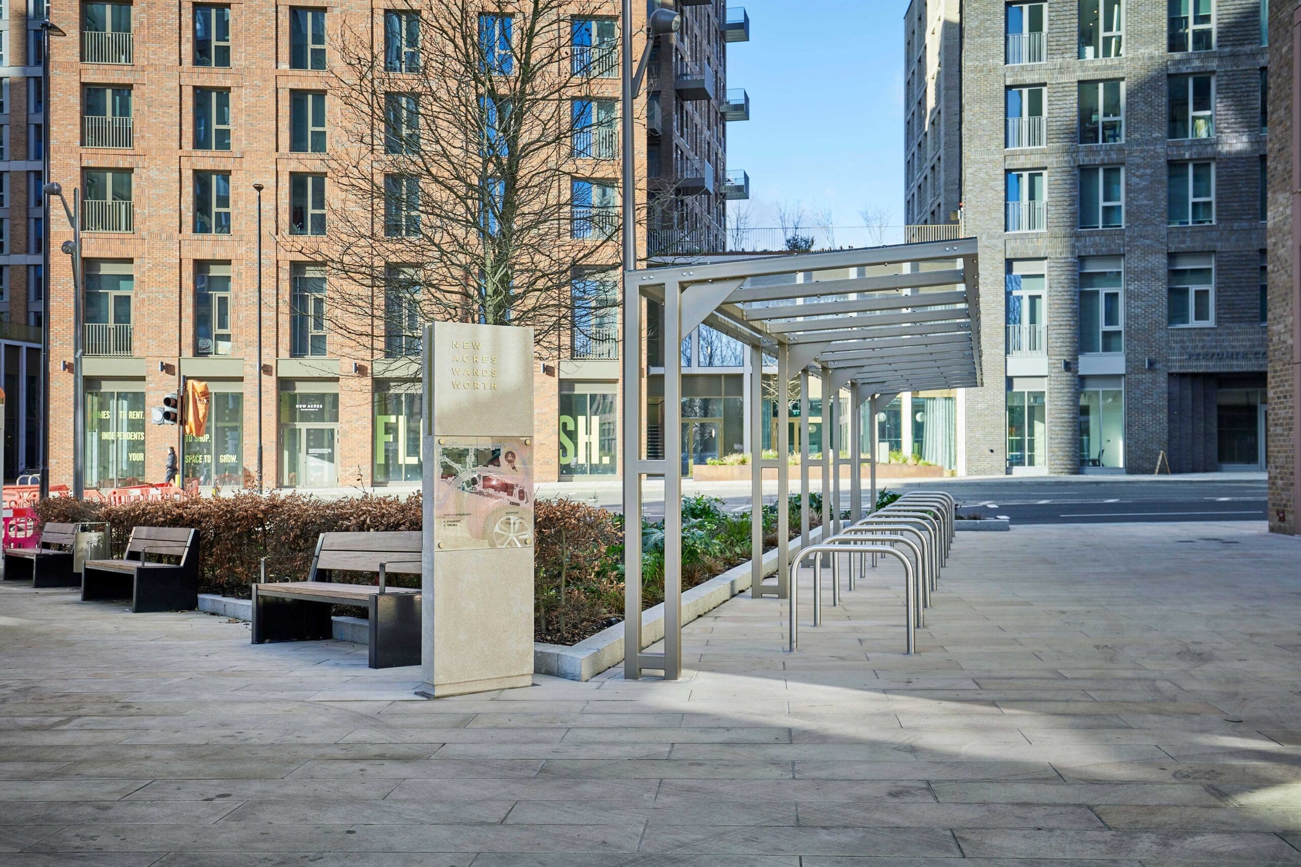 Street Furniture and bike shelter installed outside a commercial property