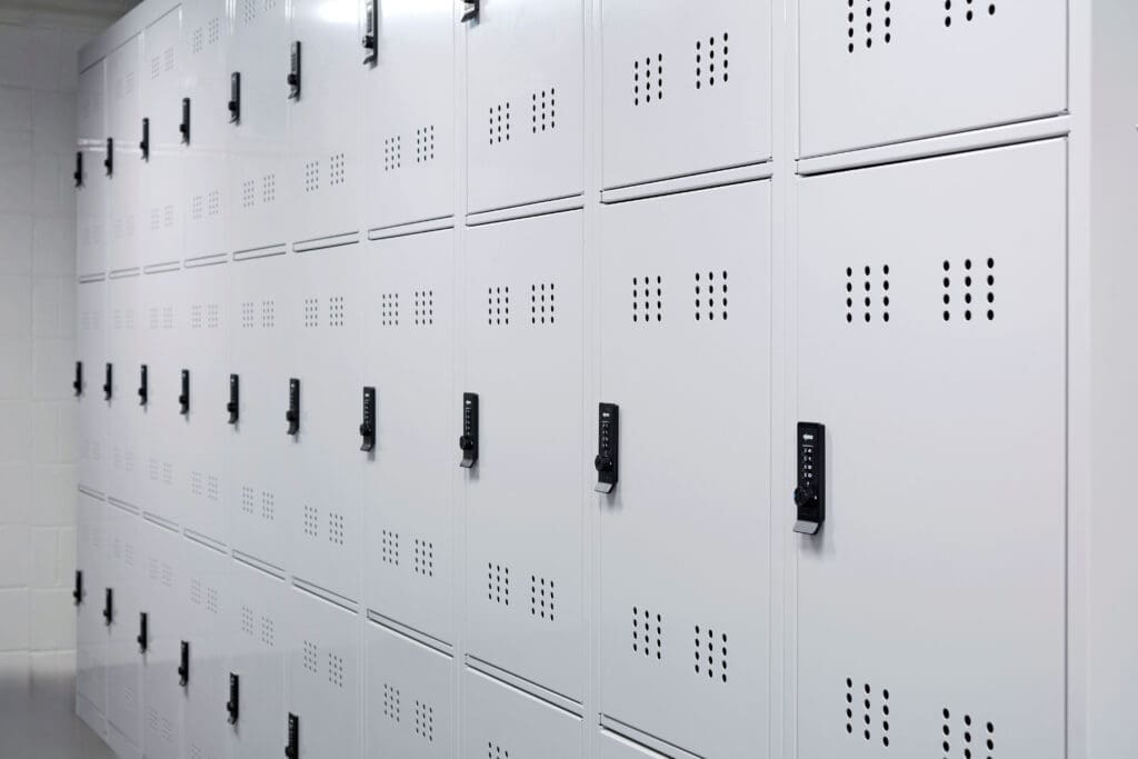 Row of folding bike lockers installed in an underground cycle storage facility