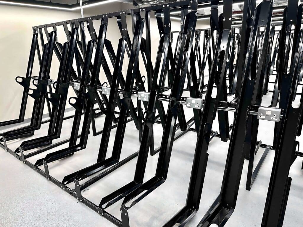 Semi Vertical E-Bike Rack installed in a end of trip facility