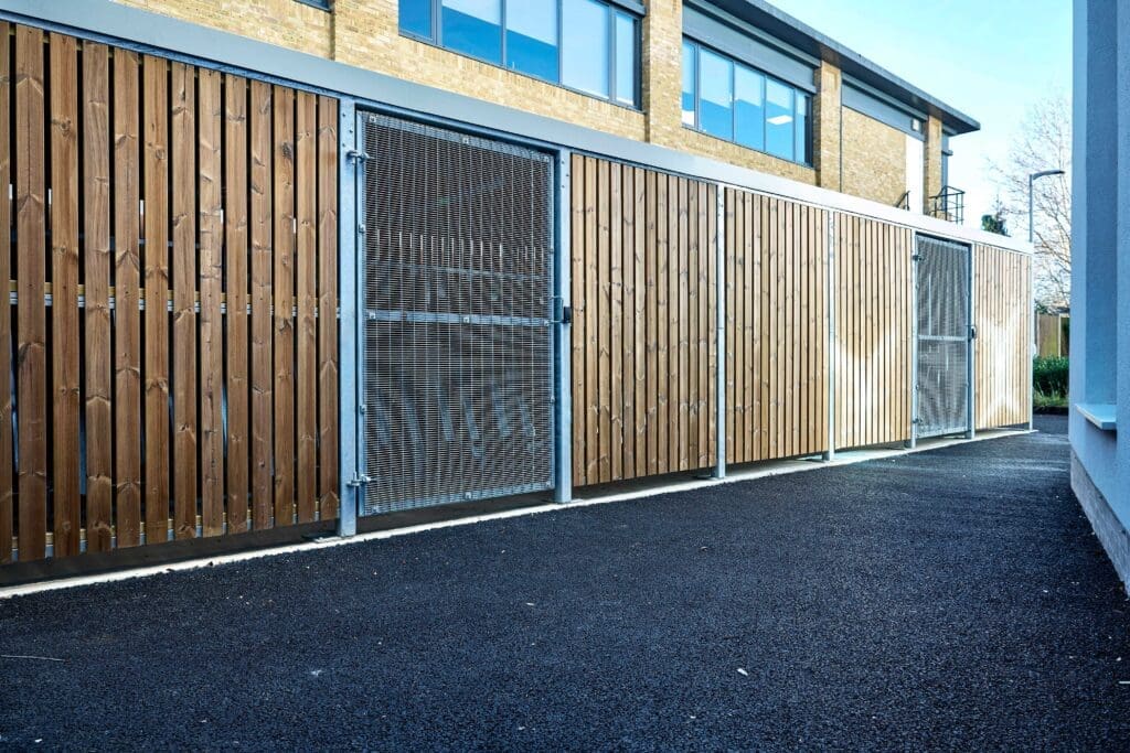 Semi vertical amazon eco cycle shelter installed in a commercial carpark