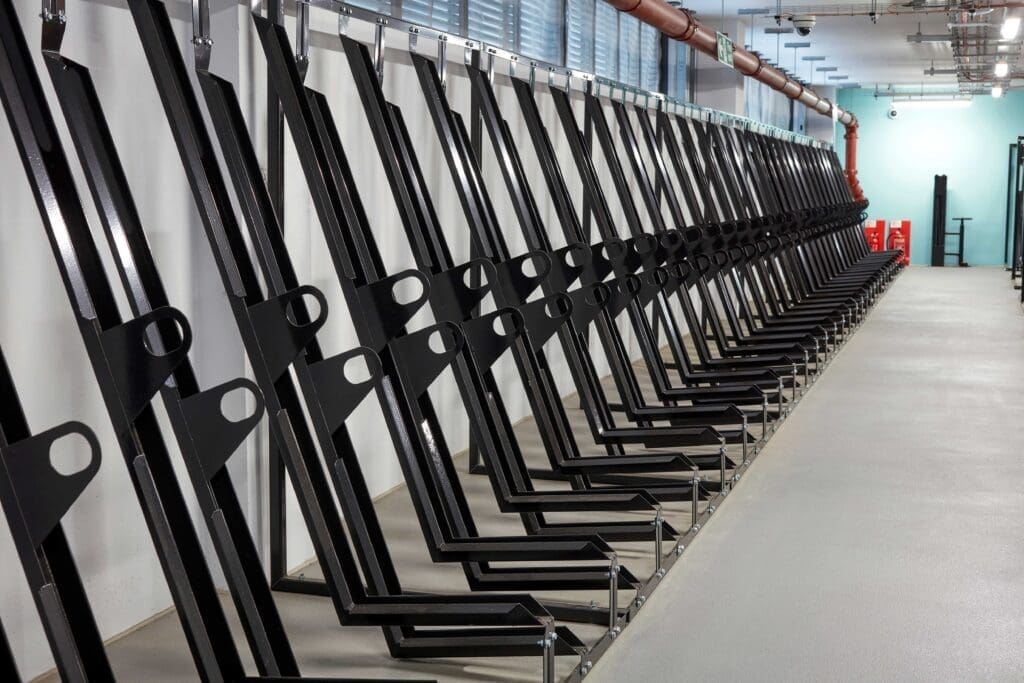 Semi Vertical Cycle Rack installed in an underground cycle storage facility