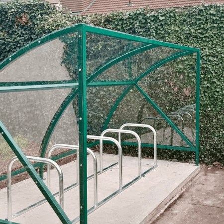 RAL Green 10 Space Original Cycle Shelter with front swing gate and mesh