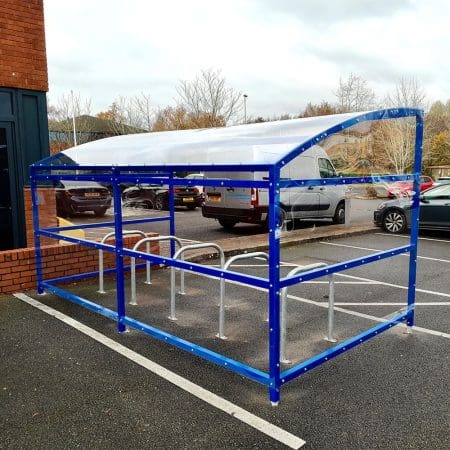 10 Space RAL Blue Oxford Cycle Shelter in outdoor carpark