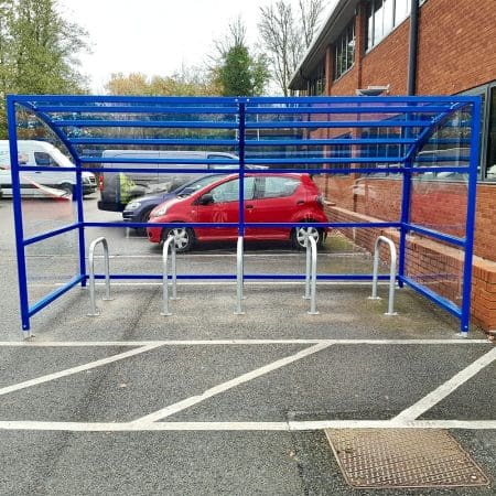 10 Space RAL Blue Oxford Cycle Shelter in outdoor carpark