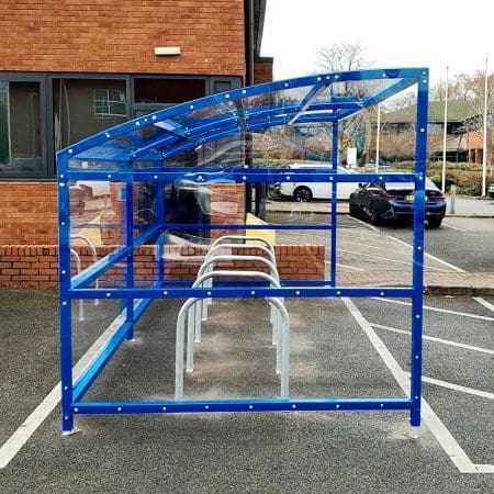 10 Space RAL Blue Oxford Cycle Shelter in outdoor carpark