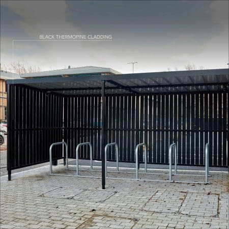 10 Space Amazon Eco Shelter Eco Shelter with black timber cladding and Sheffield cycle stands