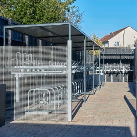 40 Space Bespoke Cambridge Cycle Shelter installed outside a new commercial property development
