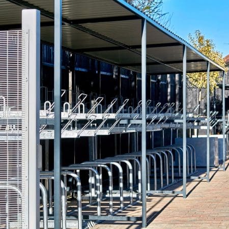40 Space Bespoke Cambridge Cycle Shelter installed outside a new commercial property development