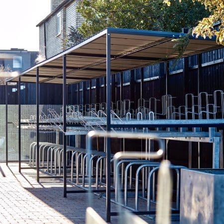 40 Space Bespoke Cambridge Cycle Shelter installed outside a new commercial property development