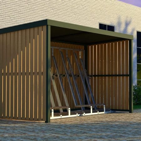 semi vertical bike racks installed in a wooden bike shelter
