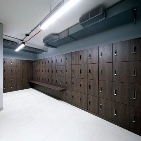 Westminster Clothing Lockers with integrated bench installed in an end of trip facility