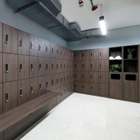 Westminster Clothing Lockers with integrated bench installed in an end of trip facility