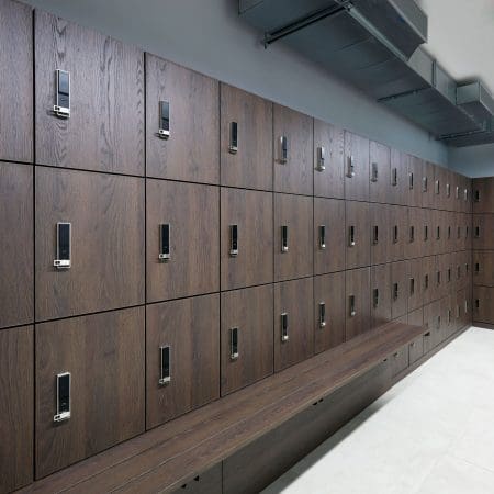 Westminster Clothing Lockers with integrated bench installed in an end of trip facility