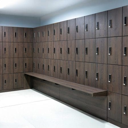 Westminster Clothing Lockers with integrated bench installed in an end of trip facility