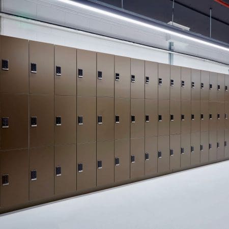 Row of Camden Lockers coloured bronze installed in an underground cycle storage facility focused on End of Trip Facilities