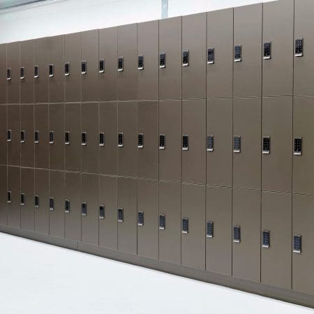 Row of Camden Lockers coloured bronze installed in an underground cycle storage facility focused on End of Trip Facilities