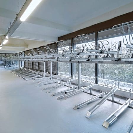 Two Tier Cycle Racks installed in an internal cycle storage facility