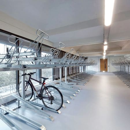 Two Tier Cycle Racks installed in an internal cycle storage facility