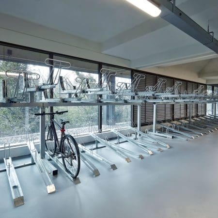 Two Tier Cycle Racks installed in an internal cycle storage facility