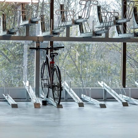 Two Tier Cycle Racks installed in an internal cycle storage facility