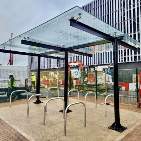 a glass covered bike rack
