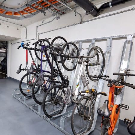 Semi Vertical Cycle Rack installed in under ground bike storage facility