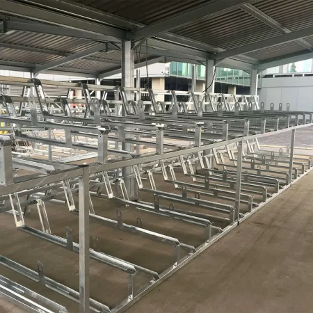 Fixed Two Tier Bike Rack installed in a bike shelter area