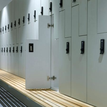 Westminster Clothing Locker with bench installed in internal end of trip facility