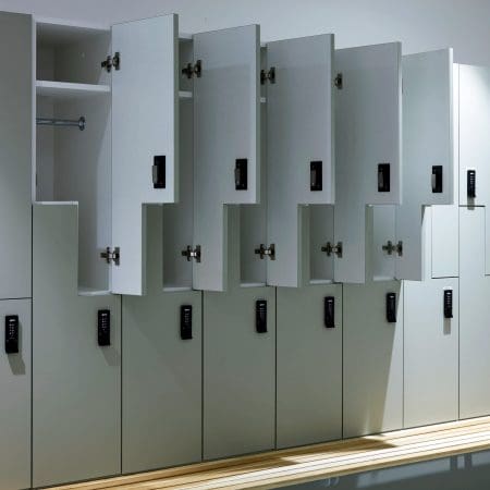 2-Tier Z Westminster Clothing Locker with bench installed in internal end of trip facility
