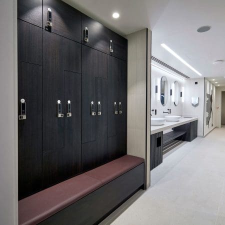 Westminster Locker with bench installed in the locker room of a commercial property