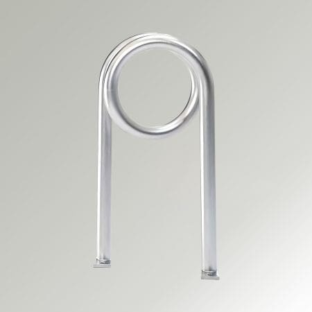 Safety Pin Cycle Stand in stainless steel in front of a gradient grey background