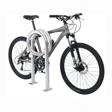 Render image of the Safety Pin Cycle Stand in Stainless Steel with a bike securely attached on the left
