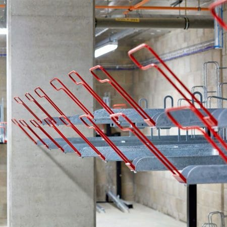 close up of Two Tier Cycle Racks with Red EasyGrip Handles installed