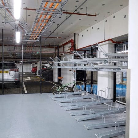 Two Tier Cycle Racks installed in an underground carpark bike storage facility