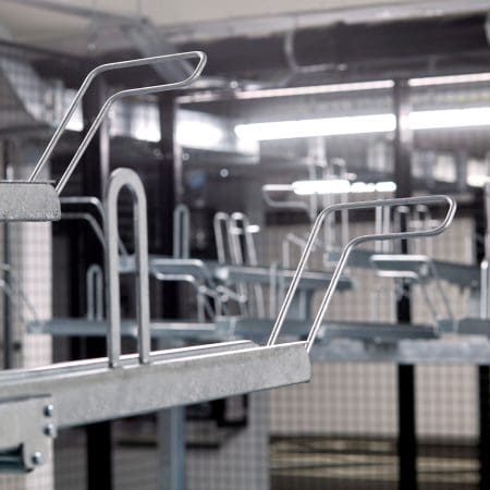 Close up of the Two Tier Cycle Racks installed in an underground carpark bike storage facility