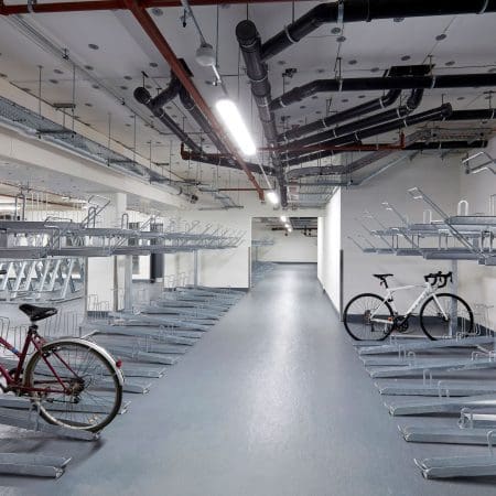 Two Tier Cycle Racks installed in an underground carpark bike storage facility